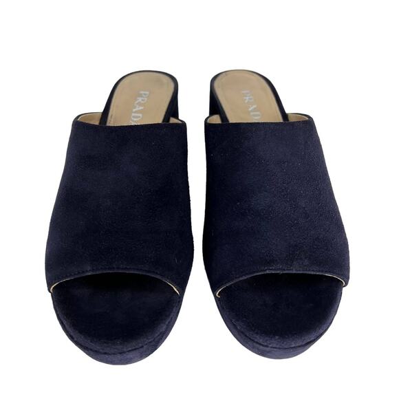Prada Suede Navy Platform Heeled Mules - Picture 8 of 11